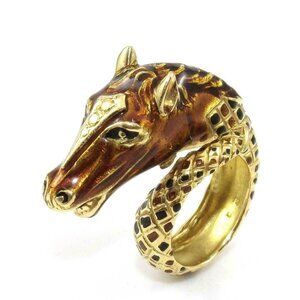 Signed 18K Yellow Gold Enamel Horse Head Equestrian Bypass Wrap Ring Size 5.5